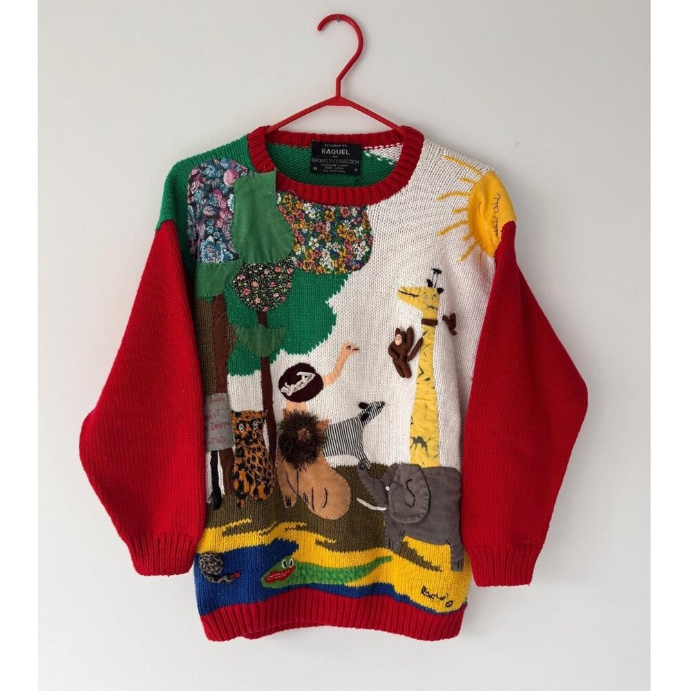90s vintage colorful embroidered textured 3D jungle animals hand knit sweater